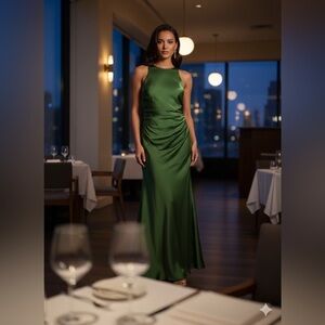 NWT Azazie Atelier Olive Green Satin Maxi Dress Open Back Formal Gown Size 8